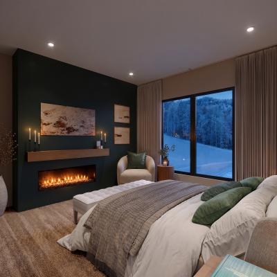 Cozy, modern bedroom with a fireplace, large window, and snowy landscape view.